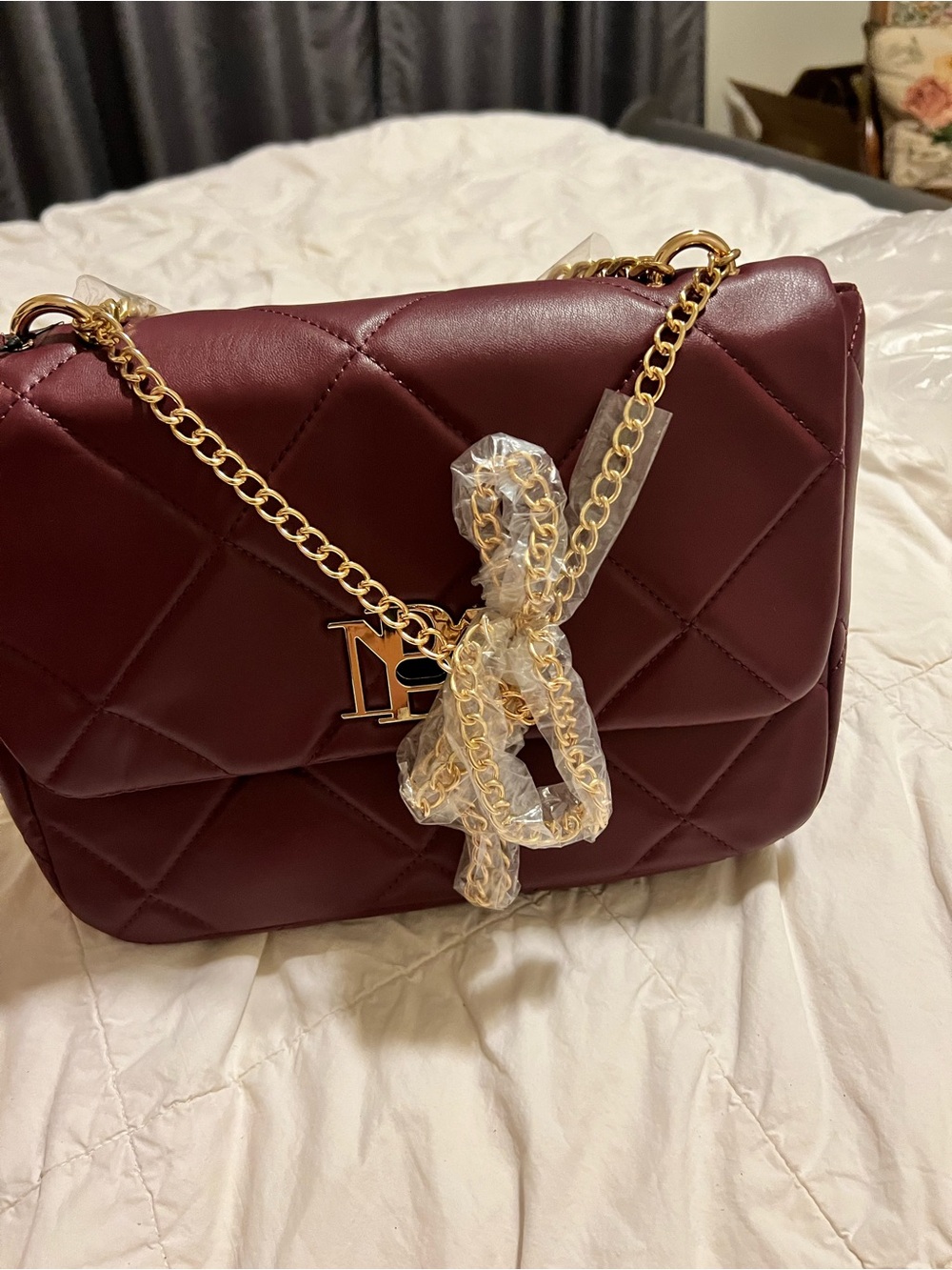 Badgley Mischka Quilted Shoulder Bag in Burgundy with Gold Chain